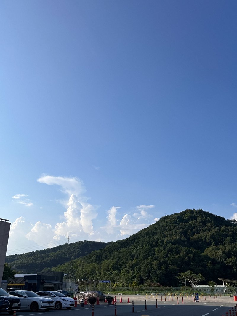 자동차 몇 대가 보이는 산과 하늘 사진. 이미지는 울창한 녹색 나무로 덮인 언덕의 넓은 풍경을 보여줍니다. 언덕 앞에 넓은 주차장이 있으며, 여러 대의 자동차와 주차 장애물이 보입니다. 사진은 맑은 푸른 하늘과 흰 뭉게구름이 떠있는 것을 강조합니다.