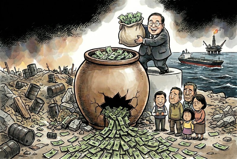 기름통 주변에 돈이 쏟아지는 깨진 항아리를 배경으로, 웃으며 돈주머니를 든 남성과 그 옆에 어두운 표정의 일가족이 서 있다.