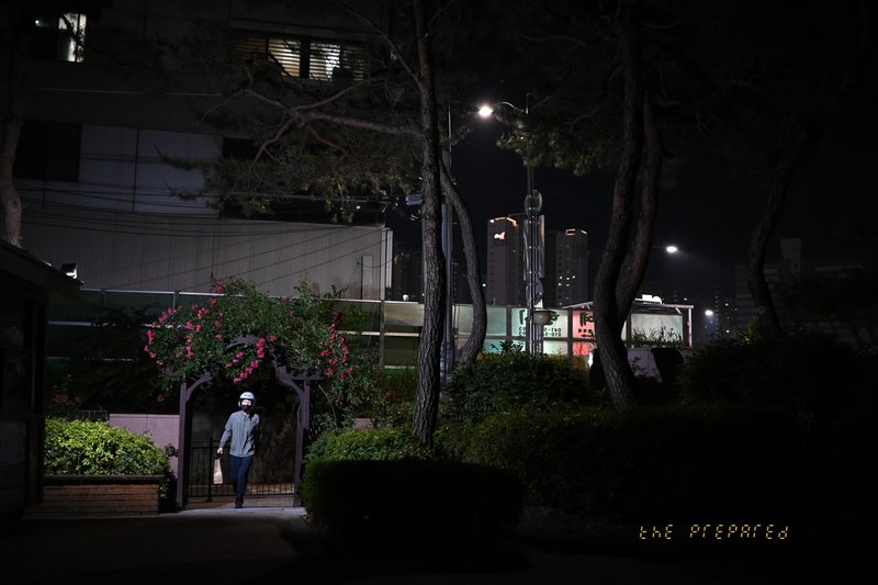저녁에 한 남자가 도시의 길을 걷는 모습을 보여줍니다. 어두운 배경과 가로등 불빛 속에서 남자는 눈에 띄게 대비됩니다. 일부 식물과 꽃이 배경에 나타나 이미지에 약간의 색을 더합니다.