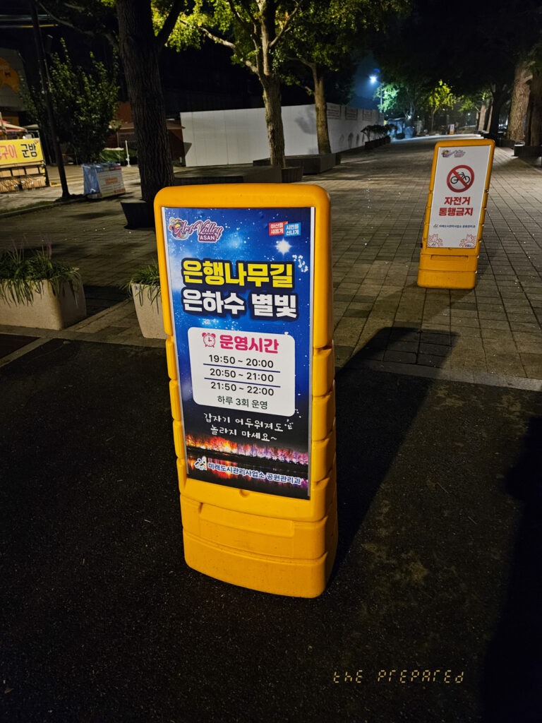 '은행나무길 은하수 별빛'이라는 문구와 운영 시간을 알리는 노란색 표지판이 있는 밤의 길거리 풍경입니다. 주변에는 나무와 벤치가 있고, 오른쪽에는 자전거 통행 금지 표지판이 있습니다.