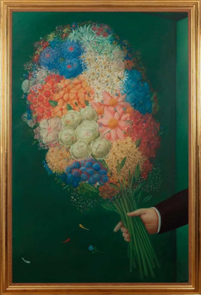 금색 액자에 담긴 초록색 배경에 다양한 색깔의 꽃다발을 들고 있는 팔 그림. 검정색 정장 소매가 보이고, 꽃다발에서 떨어진 작은 꽃 두 송이가 바닥에 놓여 있습니다.