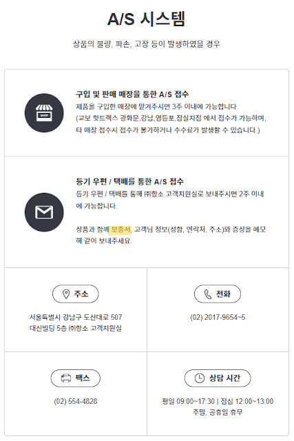 A/S 시스템 안내문: 상품 불량, 파손, 고장 시 처리 방법 (매장 방문 및 택배 접수)