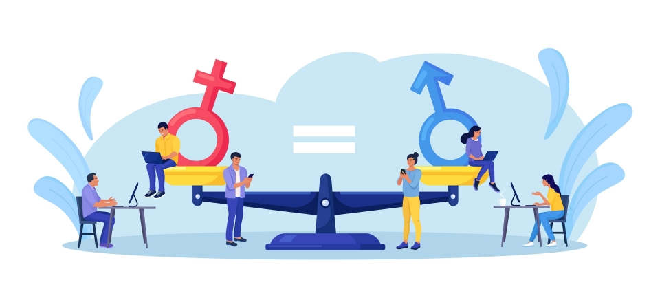 성별 기호가 균형을 이루는 저울 위에 남녀가 앉아있는 성평등 개념 일러스트