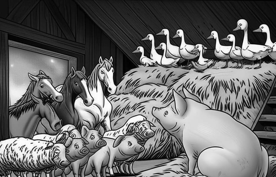 말, 돼지, 오리 등 다양한 동물들이 헛간 안에 모여 있는 모습의 흑백 삽화입니다. 동물들은 건초 더미 주위에 서 있거나 앉아 있습니다.